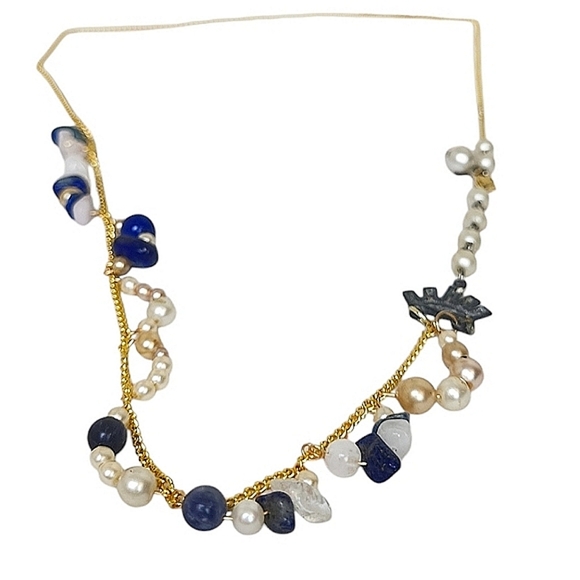 14k Gold Plated Faux Sapphire Clear Quartz Pearl Lapis Necklace - Picture 1 of 4